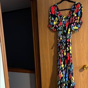 RIXO Red and Yellow Puff Sleeve Wrap Sundress
